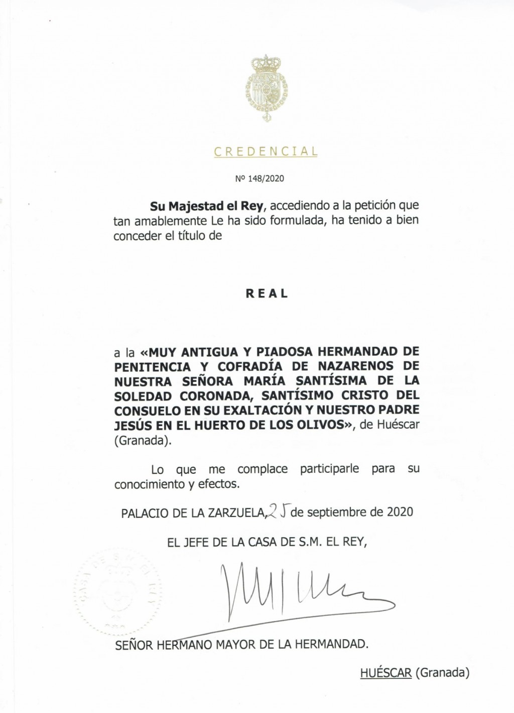 OTORGAMIENTO DEL TITULO DE REAL  A NUESTRA HERMANDAD